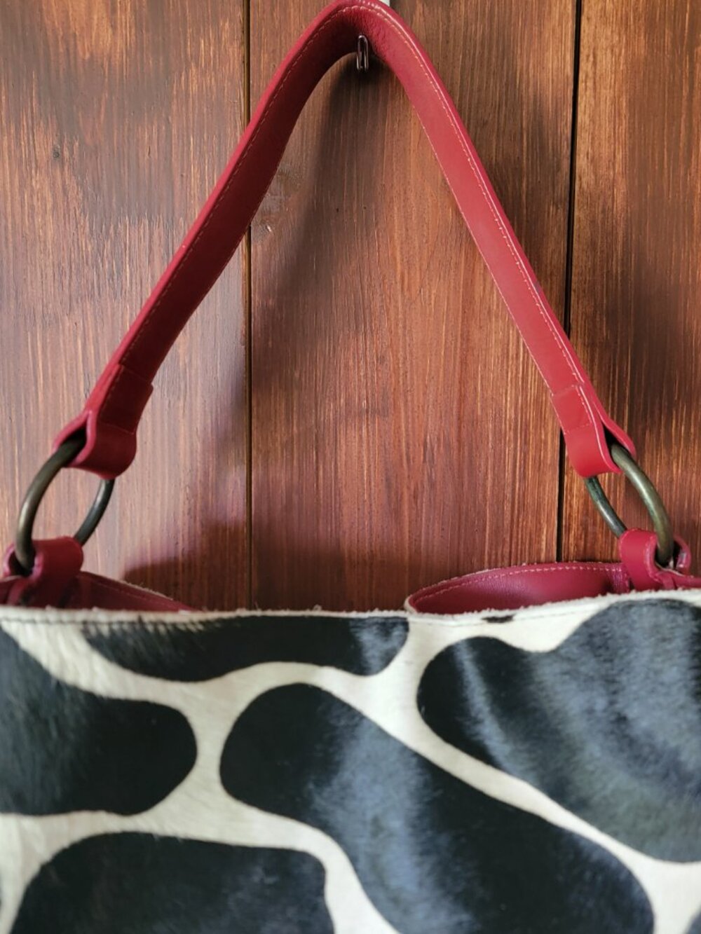 Maurizio Taiuti Italy Cowhide Hair On Hide Leather Shoulder Bag Red Animal Print - Picture 3 of 14